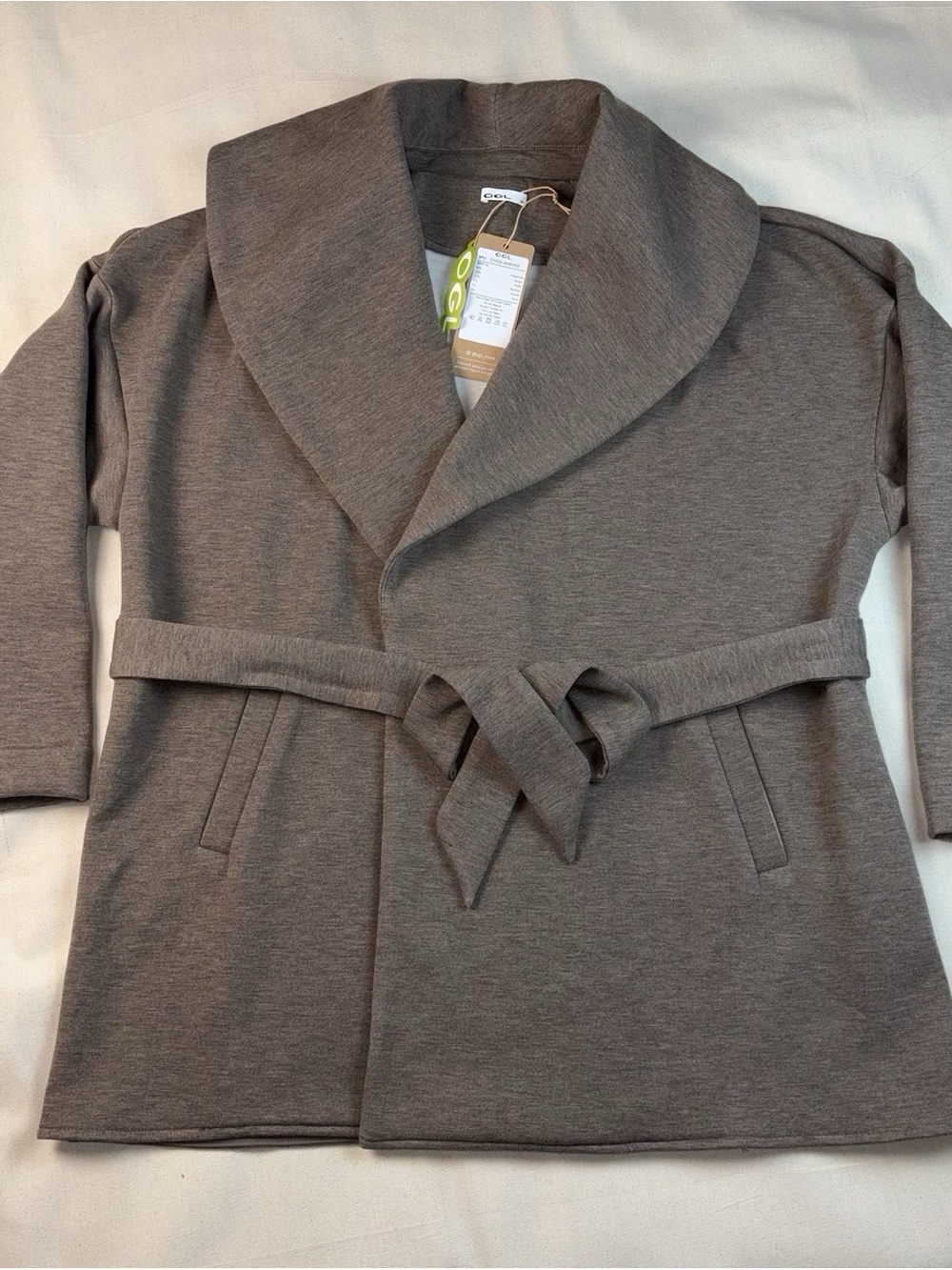 NWT OGL FuzzLuxe Belted Shawl Collar Robe Jacket Heather Taupe XS